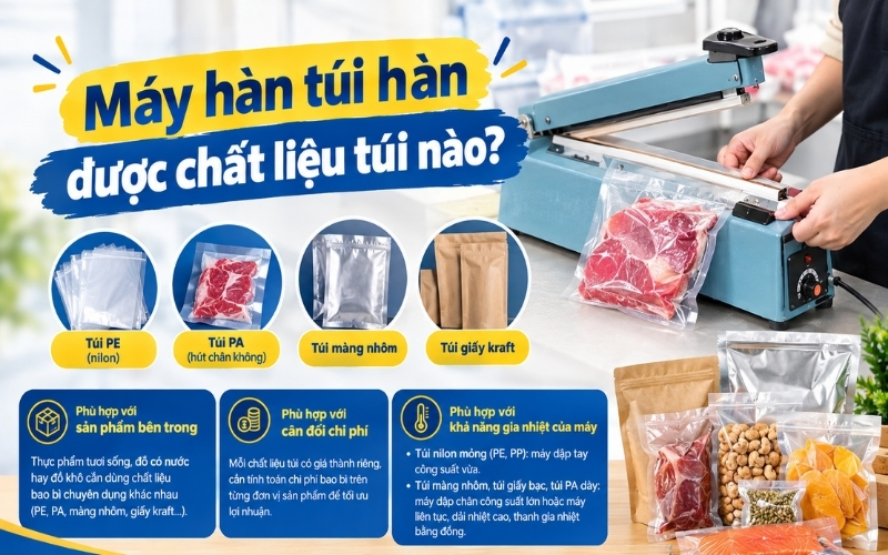 Máy hàn túi hàn được chất liệu túi nào
